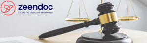 Logo Zeendoc avec un fond juridique