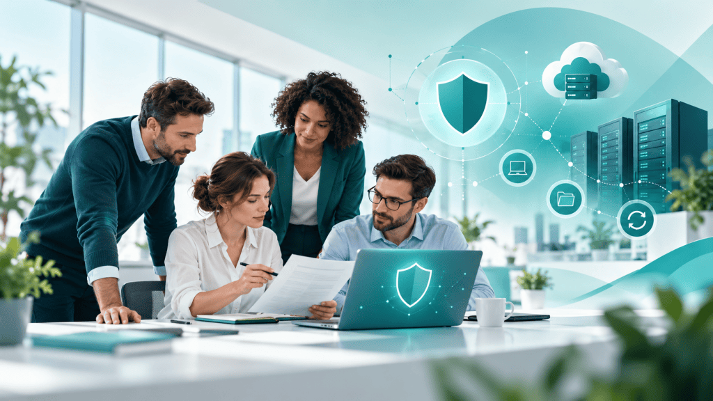 Équipe de PME préparant sa cybersécurité autour d’un ordinateur, avec sauvegarde cloud, serveurs et protection des données.